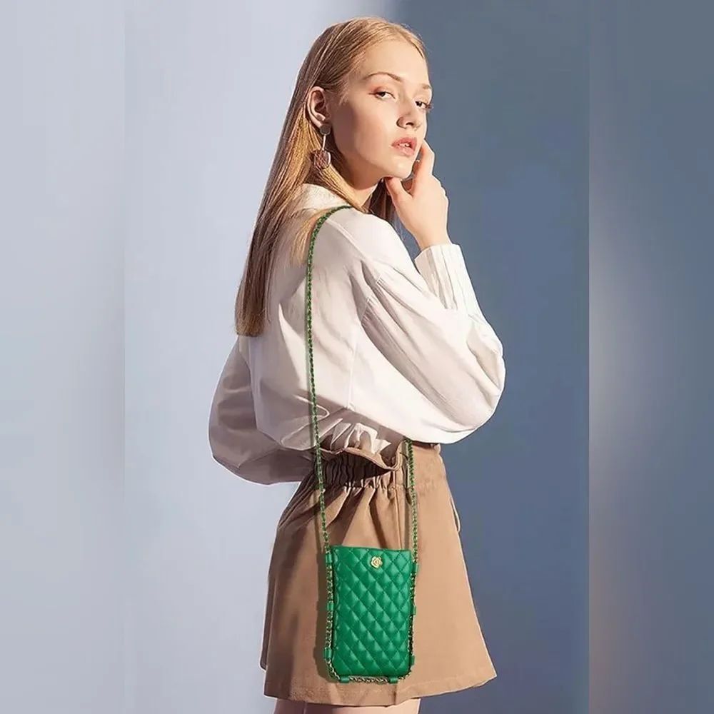 Montana West Quilted‎ Cell Phone Crossbody Bag Purse green Chain Strap